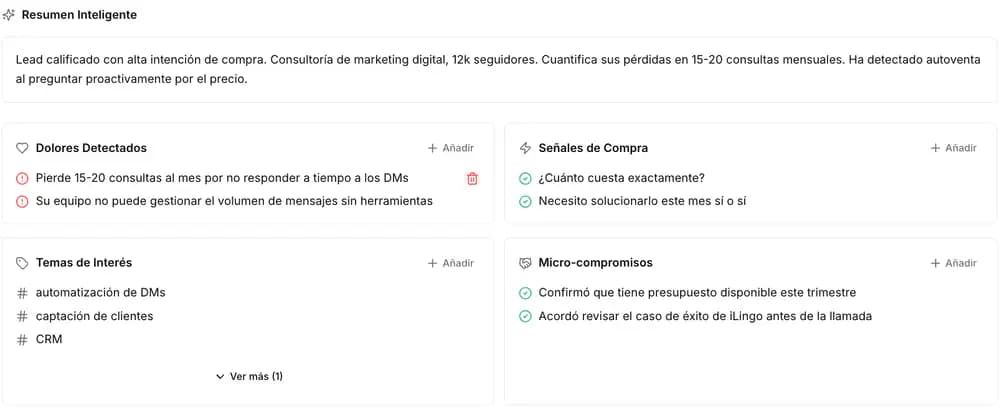 Informe IA de un lead: resumen, dolores, señales de compra, temas de interés y micro-compromisos